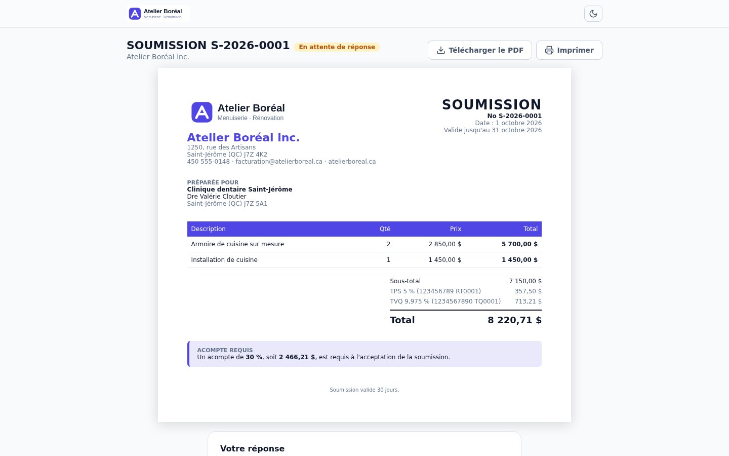 Page de partage d'une soumission